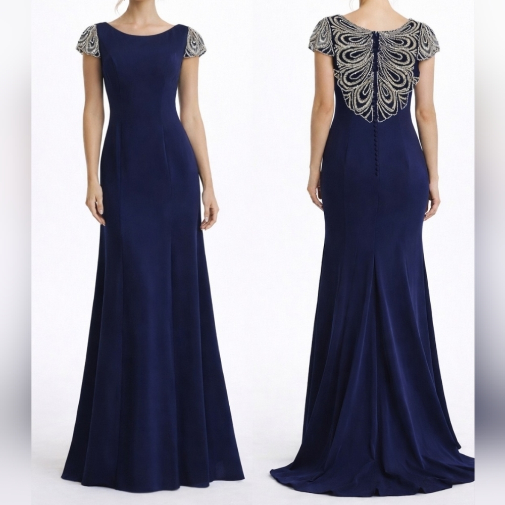 Ashley Lauren Navy Blue Crystal Embellished Boat Neckline Long Evening Gown